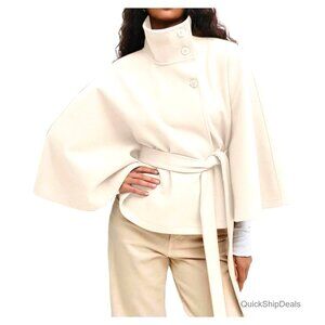 Oversized Batwing Sleeve Poncho Coat with Belt, Wool Blend Winter Cape Jacket